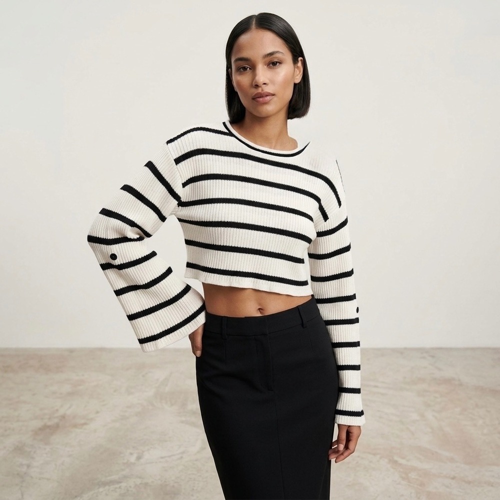 Zara Womens Striped Knit Cropped Sweater Wide Bell Sleeve Cream Black Small